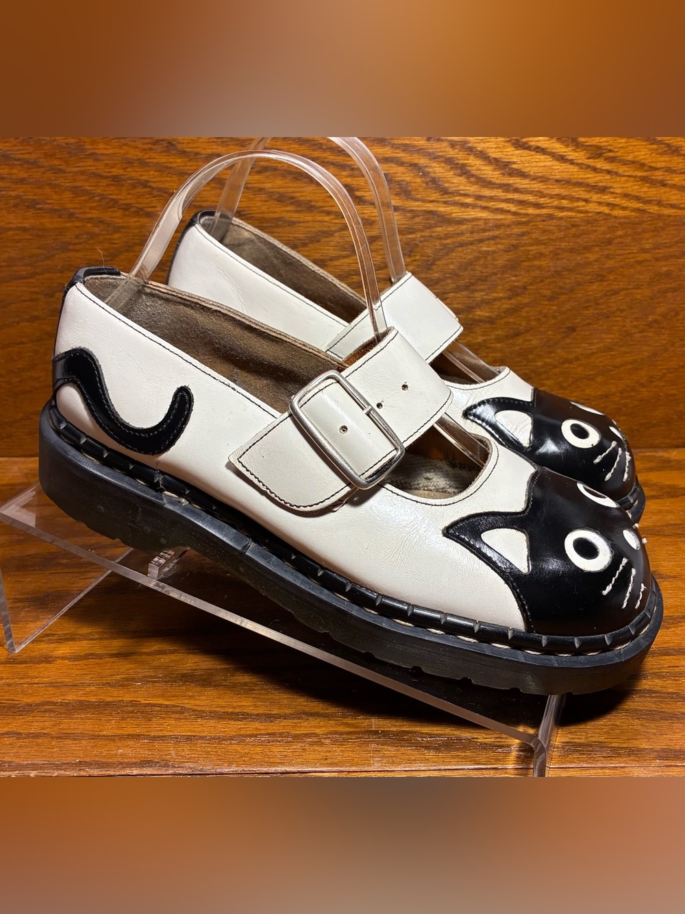 Y2K VTG Tredair England Cat Face Mary Jane Shoes White Black UK 5 US 7-7.5